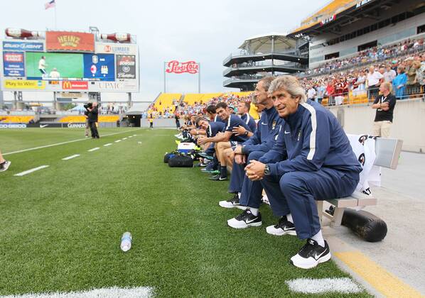 Manchester City s Manuel Pellegrini looks on - International Champions Cup 2014 - Manchester City v AC Milan - Heinz Field - Pittsburgh - USA - 27th July 2014 - Picture David Klein Sportimage EDITORIAL USE ONLY. No use with unauthorised audio, video, data, fixture lists, club league logos or live services. Online in-match use limited to 120 images, no video emulation. No use in betting, games or single club league player publications.