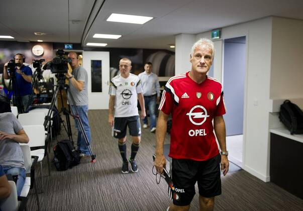 (L-R) Jordy Clasie, Fred Rutten during a press conference prior to the UEFA Champions League third round qualifying match on July 29, 2014 at the Kuip stadium in Rotterdam, Press conference Feyenoord Rotterdam Champions League qualifier third round 2014 2015 xVIxxIVx 2480748