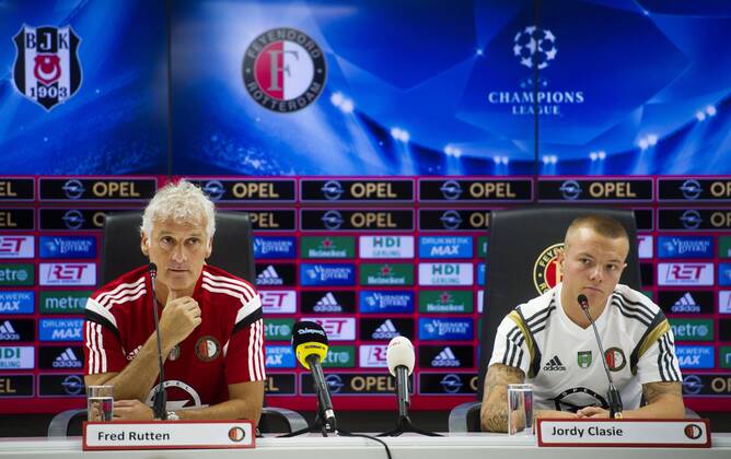 (L-R) Fred Rutten, Jordy Clasie during a press conference prior to the UEFA Champions League third round qualifying match on July 29, 2014 at the Kuip stadium in Rotterdam, Press conference Feyenoord Rotterdam Champions League qualifier third round 2014 2015 xVIxxIVx 2480753