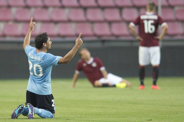 Ricardinho of Malmo (left) celebrates the first goal during the UEFA Champions League 3rd qualifying round opening match AC Sparta Praha vs. Malmo FF, Prague, Czech Republic, on Tuesday, July 29, 2014. (CTKxPhoto MichalxKamaryt) CTKPhotoOF201407291166701  kmt 3