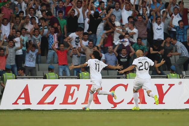 SOCCER - CL, Karabag vs RBS BAKU,AZERBAIJAN,30.JUL.14 - SOCCER - UEFA Champions League, qualifying, Karabag Agdam FK vs Red Bull Salzburg. Image shows the rejoicing of Danilo Leandro Dias and Richard Almeida (Karabag). 