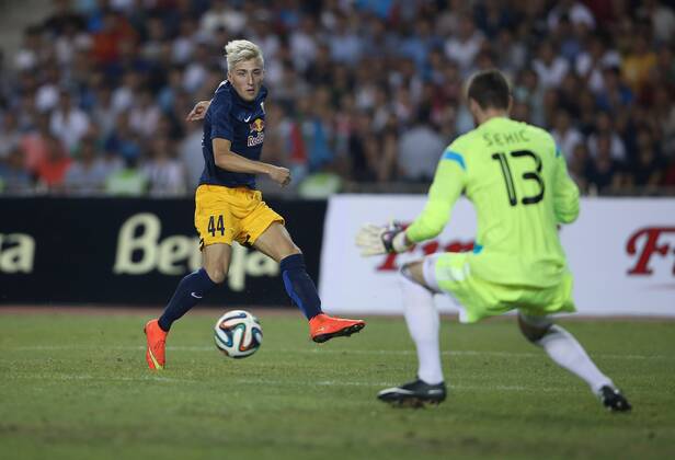 SOCCER - CL, Qarabag vs RBS BAKU,AZERBAIJAN,30.JUL.14 - SOCCER - UEFA Champions League, qualifying, Qarabag Agdam FK vs Red Bull Salzburg. Image shows Kevin Kampl (RBS) and Ibrahim Sehic (Qarabag).