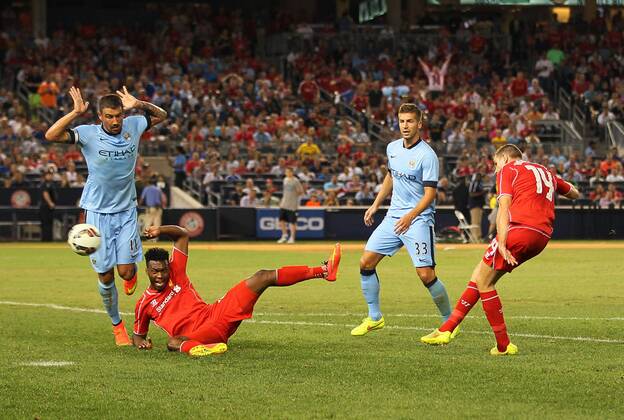 Liverpool s Jordan Henderson scoring his sides opening goal - International Champions Cup 2014 - Manchester City vs Liverpool - Yankee Stadium - New York - USA - 30th July 2014 - Picture David Klein Sportimage EDITORIAL USE ONLY. No use with unauthorised audio, video, data, fixture lists, club league logos or live services. Online in-match use limited to 120 images, no video emulation. No use in betting, games or single club league player publications.