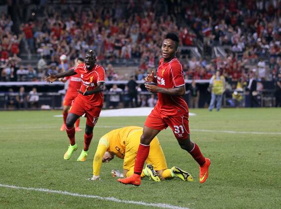 Liverpool s Raheem Sterling celebrates scoring his sides second goal - International Champions Cup 2014 - Manchester City vs Liverpool - Yankee Stadium - New York - USA - 30th July 2014 - Picture David Klein Sportimage EDITORIAL USE ONLY. No use with unauthorised audio, video, data, fixture lists, club league logos or live services. Online in-match use limited to 120 images, no video emulation. No use in betting, games or single club league player publications.