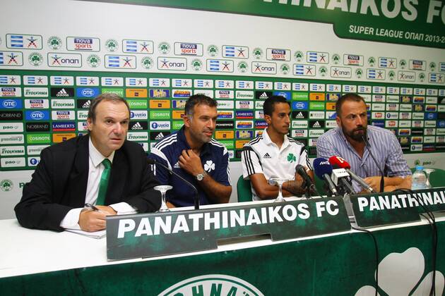 Panathinaikos head coach Yannis Anastasiou (2nd L) pictured during a press conference of Panathinaikos Athen, Monday 04 August 2014, in Athens. - Third qualifying round of the UEFA Champions League ACTIONxIMAGES  premiumd 17363