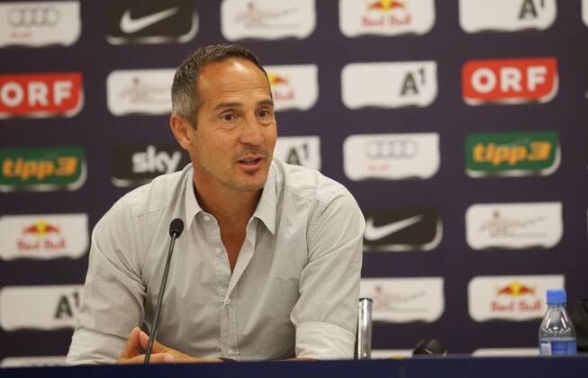 SOCCER - CL, SALZBURG,AUSTRIA,05.AUG.14 - SOCCER - UEFA Champions League, qualifying, Red Bull Salzburg, preview, press conference RBS. Image shows head coach Adi Hütter (RBS). 