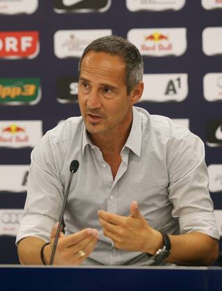 SOCCER - CL, SALZBURG,AUSTRIA,05.AUG.14 - SOCCER - UEFA Champions League, qualifying, Red Bull Salzburg, preview, press conference RBS. Image shows head coach Adi Hütter (RBS). 