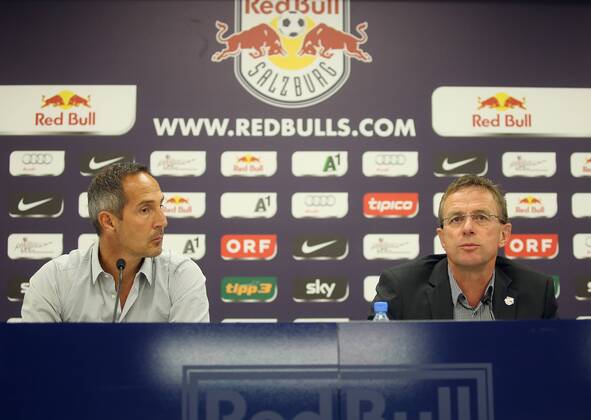 SOCCER - CL, SALZBURG,AUSTRIA,05.AUG.14 - SOCCER - UEFA Champions League, qualifying, Red Bull Salzburg , preview, press conference RBS. Image shows head coach Adi Hütter and sporting director Ralf Rangnick (RBS). 