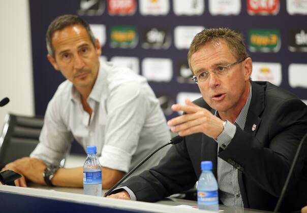 SOCCER - CL, SALZBURG,AUSTRIA,05.AUG.14 - SOCCER - UEFA Champions League, qualifying, Red Bull Salzburg, preview, press conference RBS. Image shows sporting director Ralf Rangnick and head coach Adi Hütter (RBS). 