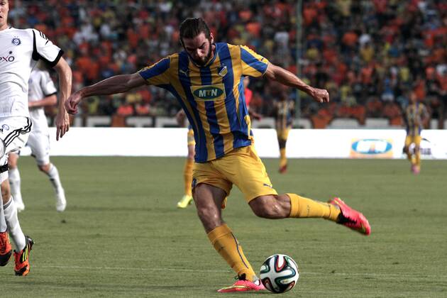 Cillian Sheridan of Apoel scores a goal during their Champions League third qualifying round second leg against HJK Helsinki at GSP stadium in Nicosia, Cyprus, Tuesday, August 6, 2014 APOEL vs HJK Helsinki Champions League 2014 2015