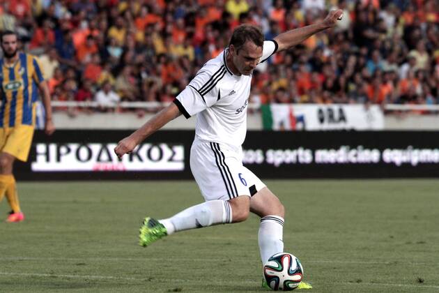Heikkinen of HJK Helsinki celebrate a goal during their Champions League third qualifying round second leg against Apoel at GSP stadium in Nicosia, Cyprus, Tuesday, August 6, 2014 APOEL vs HJK Helsinki Champions League 2014 2015