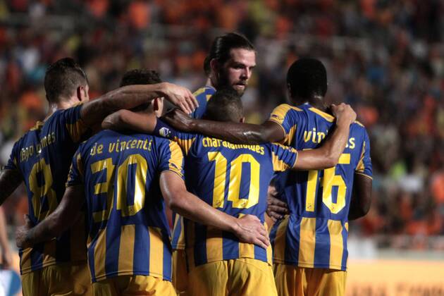 Apoel players celebrate a goal during their Champions League third qualifying round second leg against HJK Helsinki at GSP stadium in Nicosia, Cyprus, Tuesday, August 6, 2014 APOEL vs HJK Helsinki Champions League 2014 2015