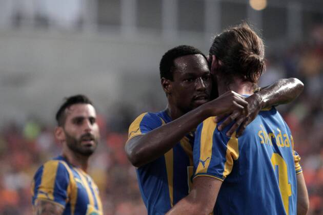 Apoel players celebrate a goal during their Champions League third qualifying round second leg against HJK Helsinki at GSP stadium in Nicosia, Cyprus, Tuesday, August 6, 2014 APOEL vs HJK Helsinki Champions League 2014 2015