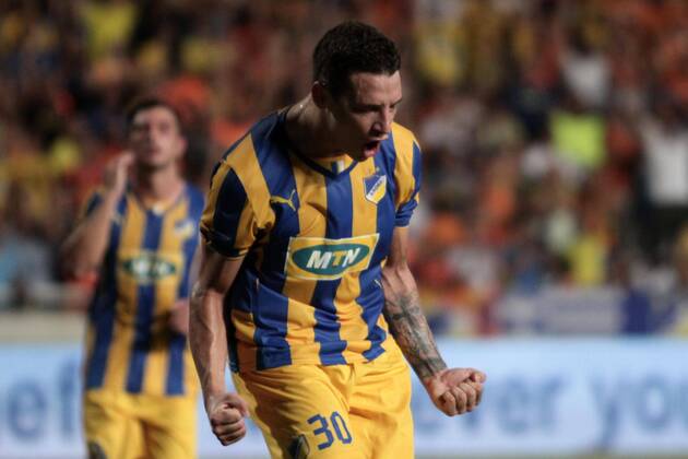 Thomas De Vincendi celebrate a goal during their Champions League third qualifying round second leg against HJK Helsinki at GSP stadium in Nicosia, Cyprus, Tuesday, August 6, 2014 APOEL vs HJK Helsinki Champions League 2014 2015