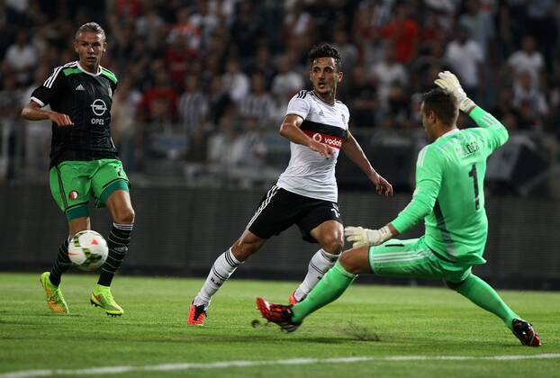 UEFA Champions League third leg qualification second leg match between Besiktas and Feyenoord at Olympic stadium in istanbul 06 august 2014. Pictured: Mustafa Pektemek of Besiktas and Goalkeeper Erwin Mulder of Feyenoord. 