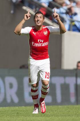 Arsenal s Santi Cazorla celebrates his opening goal - Arsenal vs. Manchester City - The FA Community Shield - Wembley Stadium - London - 10 08 2014 Pic Philip Oldham Sportimage EDITORIAL USE ONLY. No use with unauthorised audio, video, data, fixture lists, club league logos or live services. Online in-match use limited to 120 images, no video emulation. No use in betting, games or single club league player publications.