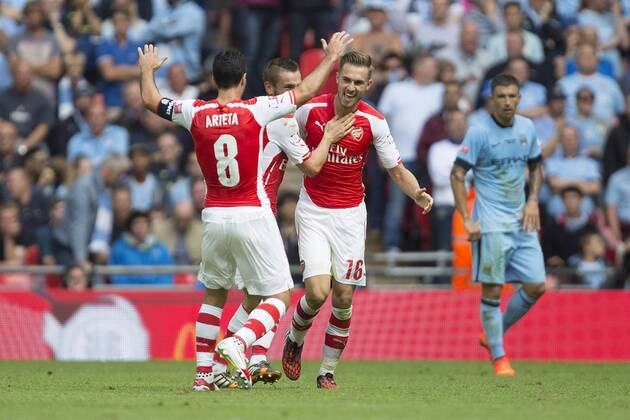 Arsenal s Aaron Ramsey celebrates scoring his sides second goal - Arsenal vs. Manchester City - The FA Community Shield - Wembley Stadium - London - 10 08 2014 Pic Philip Oldham Sportimage EDITORIAL USE ONLY. No use with unauthorised audio, video, data, fixture lists, club league logos or live services. Online in-match use limited to 120 images, no video emulation. No use in betting, games or single club league player publications.
