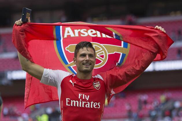 Arsenal s Olivier Giroud celebrates - Arsenal vs. Manchester City - The FA Community Shield - Wembley Stadium - London - 10 08 2014 EDITORIAL USE ONLY. No use with unauthorised audio, video, data, fixture lists, club league logos or live services. Online in-match use limited to 120 images, no video emulation. No use in betting, games or single club league player publications.