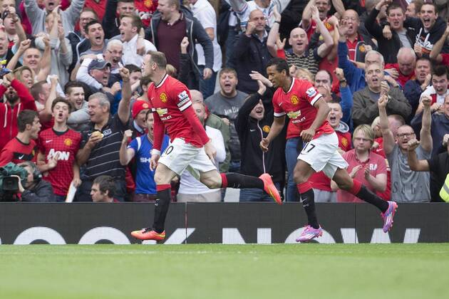 Wayne Rooney of Manchester United celebrates his equaliser - Manchester United vs. Swansea - Barclays Premier League - Old Trafford - Manchester - 16 08 2014 Pic Philip Oldham Sportimage EDITORIAL USE ONLY. No use with unauthorised audio, video, data, fixture lists, club league logos or live services. Online in-match use limited to 120 images, no video emulation. No use in betting, games or single club league player publications.