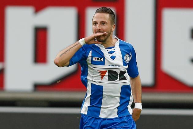 20140817 - GENT, BELGIUM: Gent s Danijel Milicevic celebrates after scoring during the Jupiler Pro League match between KAA Gent and Zulte Waregem, in Gent, Sunday 17 August 2014, on day 4 of the Belgian soccer championship. BRUNOxFAHY 04280110