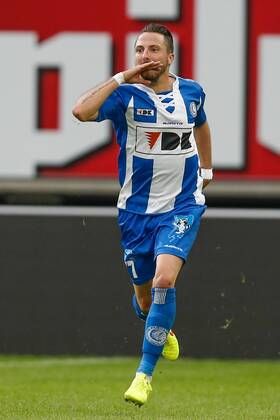 20140817 - GENT, BELGIUM: Gent s Danijel Milicevic celebrates after scoring during the Jupiler Pro League match between KAA Gent and Zulte Waregem, in Gent, Sunday 17 August 2014, on day 4 of the Belgian soccer championship. BRUNOxFAHY 04280111