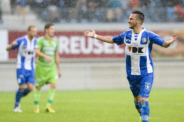 20140817 - GENT, BELGIUM: Gent s Danijel Milicevic celebrates after scoring during the Jupiler Pro League match between KAA Gent and Zulte Waregem, in Gent, Sunday 17 August 2014, on day 4 of the Belgian soccer championship. LAURIExDIEFFEMBACQ 04280377