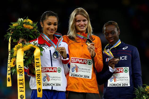 Silver medalist Jodie Williams of Great Britain and Northern Ireland, gold medalist Dafne Schippers of the Netherlands and bronze medalist Myriam Soumare of France Podium ATHLETICS : European Championships - J6 - Zurich - 17 08 2014 PhotoNews Panoramic 