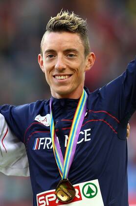 Gold medalist Yoann Kowal of France stands on the podium during the medal ceremony for the Men s 3000m Steeple Podium ATHLETICS : European Championships - J6 - Zurich - 17 08 2014 PhotoNews Panoramic 