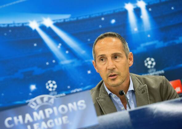 SOCCER - CL, RBS vs Malmoe SALZBURG,AUSTRIA,18.AUG.14 - SOCCER - UEFA Champions League, play off, Red Bull Salzburg, preview, press conference RBS. Image shows head coach Adi Hütter (RBS). 