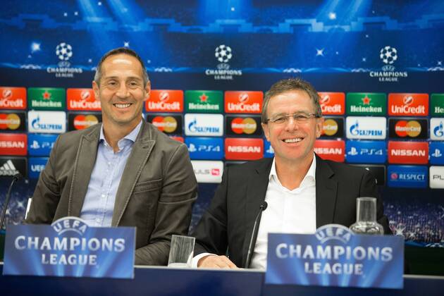 SOCCER - CL, RBS vs Malmoe SALZBURG,AUSTRIA,18.AUG.14 - SOCCER - UEFA Champions League, play off, Red Bull Salzburg, preview, press conference RBS. Image shows head coach Adi Hütter and sporting director Ralf Rangnick (RBS). 