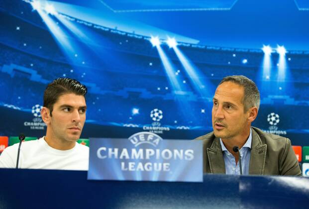 SOCCER - CL, RBS vs Malmoe SALZBURG,AUSTRIA,18.AUG.14 - SOCCER - UEFA Champions League, play off, Red Bull Salzburg, preview, press conference RBS. Image shows Jonatan Soriano and head coach Adi Hütter (RBS). 