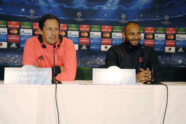 Kopenhagen, 18.08.2014 - Uefa Champions League Play Offs 2014 2015 - Bayer Leverkusen - PK - Trainer Roger Schmidt und Ömer Toprak - 