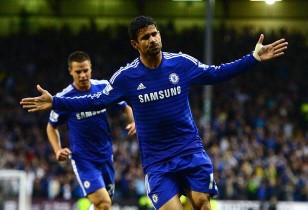 Diego Costa of Chelsea celebrates scoring the equalising goal - Barclays Premier League - Burnley vs Chelsea - Turf Moor Stadium - Burnley - England - 18th August 2014 - Pic Simon Bellis Sportimage EDITORIAL USE ONLY. No use with unauthorised audio, video, data, fixture lists, club league logos or live services. Online in-match use limited to 120 images, no video emulation. No use in betting, games or single club league player publications.
