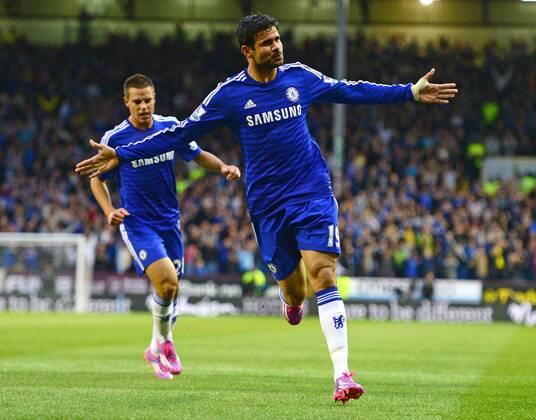 Diego Costa of Chelsea celebrates scoring the equalising goal - Barclays Premier League - Burnley vs Chelsea - Turf Moor Stadium - Burnley - England - 18th August 2014 - Pic Simon Bellis Sportimage EDITORIAL USE ONLY. No use with unauthorised audio, video, data, fixture lists, club league logos or live services. Online in-match use limited to 120 images, no video emulation. No use in betting, games or single club league player publications.