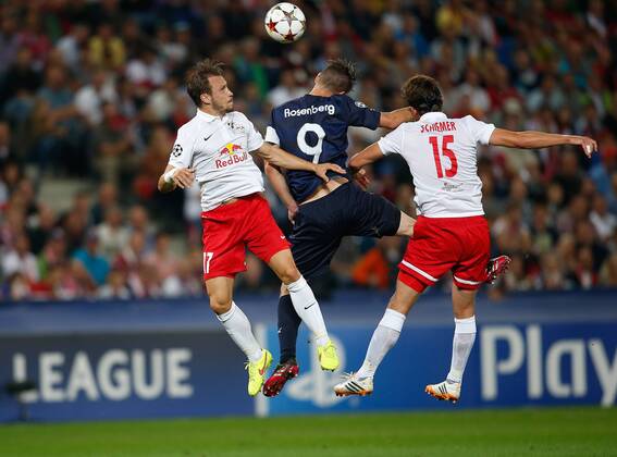 SOCCER - CL, RBS vs Malmö SALZBURG,AUSTRIA,19.AUG.14 - SOCCER - UEFA Champions League, play off, Red Bull Salzburg vs Malmö FF. Image shows Andreas Ulmer (RBS), Markus Rosenberg (Malmö) and Franz Schiemer (RBS). 
