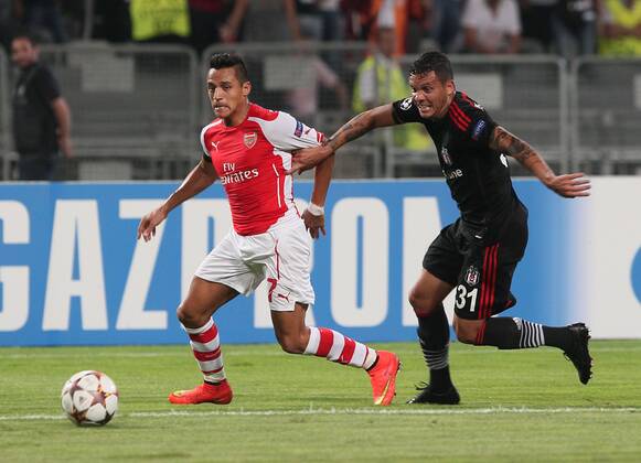 UEFA Champions League playoff first leg match match between Besiktas and Arsenal at Olympic stadium in istanbul 19 august 2014. Pictured: Ramon Motta (R) of Besiktas and Alexis Sanchez (L) of Arsenal. 