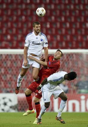 Copenhagen, Denmark, football, UEFA Champions League qualification: FC Copenhagen - Bayer Leverkusen. Per Nilsson, FC Copenhagen, Josip Drmic, Bayer Leverkusen, Daniel Amartey, FC Copenhagen 