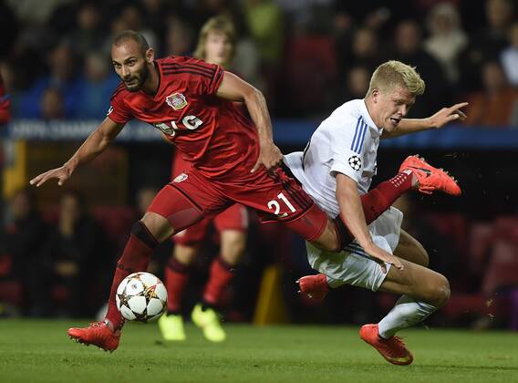 Copenhagen, Denmark, football, UEFA Champions League qualification: FC Copenhagen - Bayer Leverkusen. Ömer Toprak, Bayer Leverkusen, Andreas Cornelius, FC Copenhagen 