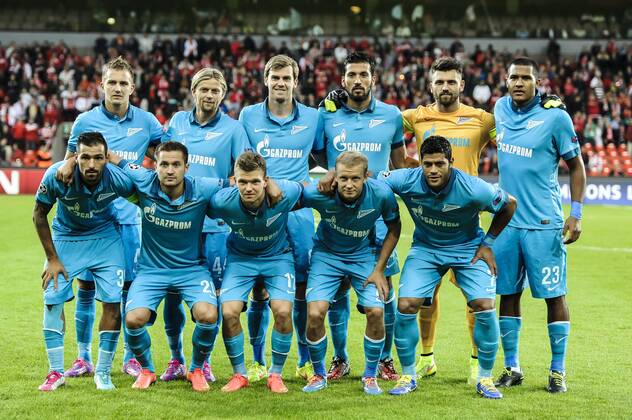 FC Zenit Saint Petersburg s players, back, f.l.: Domenico Criscito, Anatoliy Tymoshchuk, Nicolas Lombaerts, Ezequiel Garay, Yuriy Lodygin, Jose Rondon; front: Danny, Viktor Fayzulin, Oleg Shatov, Igor Smolnikov, Hulk UEFA Champions League competition, Wednesday 20 August 2014, in Liege. NICOLASxLAMBERT 04288281