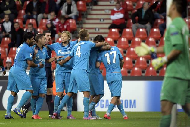 20140820 - LIEGE, BELGIUM: Zenit s Oleg Shatov celebrates after scoring during the first leg match between Belgian first division soccer team Standard de Liege and Russian team FC Zenit Saint Petersburg in the playoffs for the UEFA Champions League competition, Wednesday 20 August 2014, in Liege. YORICKxJANSENS  premiumd 19082423
