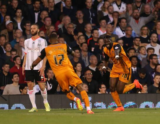 Wolves Bakary Sako celebrates scoring his sides opening goal - Sky Bet Championship - Fulham vs Wolverhampton Wanderers - Craven Cottage - London - England - 20th August 2014 - Picture David Klein Sportimage EDITORIAL USE ONLY. No use with unauthorised audio, video, data, fixture lists, club league logos or live services. Online in-match use limited to 120 images, no video emulation. No use in betting, games or single club league player publications.