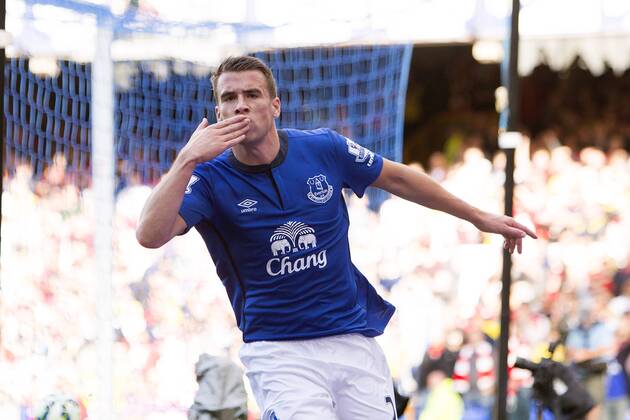Seamus Coleman of Everton celebrates his opening goal - FC Everton vs. FC Arsenal - Barclays Premier League - Goodison Park - Liverpool - 23 08 2014 Pic Philip Oldham Sportimage EDITORIAL USE ONLY. No use with unauthorised audio, video, data, fixture lists, club league logos or live services. Online in-match use limited to 120 images, no video emulation. No use in betting, games or single club league player publications.