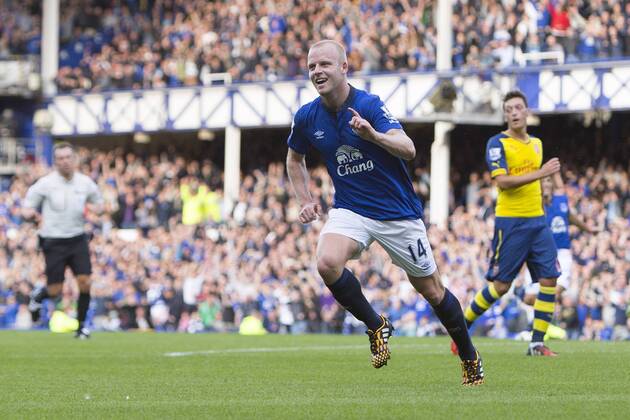 Steven Naismith of Everton celebrates his sides second goal - FC Everton vs. FC Arsenal - Barclays Premier League - Goodison Park - Liverpool - 23 08 2014 Pic Philip Oldham Sportimage EDITORIAL USE ONLY. No use with unauthorised audio, video, data, fixture lists, club league logos or live services. Online in-match use limited to 120 images, no video emulation. No use in betting, games or single club league player publications.