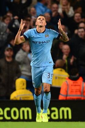 Stevan Jovetic of Manchester City celebrates scoring the first goal - Barclays Premier League - Manchester City vs Liverpool - Etihad Stadium - Manchester - England - 25th August 2014 - Pic Simon Bellis Sportimage EDITORIAL USE ONLY. No use with unauthorised audio, video, data, fixture lists, club league logos or live services. Online in-match use limited to 120 images, no video emulation. No use in betting, games or single club league player publications.
