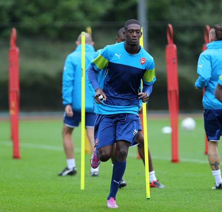 Arsenal s Yaya Sanogo in action during training - Champions League Training - London Colney - London - England - 26th August 2014 - Picture David Klein Sportimage EDITORIAL USE ONLY. No use with unauthorised audio, video, data, fixture lists, club league logos or live services. Online in-match use limited to 120 images, no video emulation. No use in betting, games or single club league player publications.