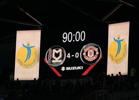 The scoreboard showing the 4-0 final score - Capital One Cup, Second Round - Milton Keynes Dons Stadium - Milton Keynes - England - 26th August 2014 - Picture DavidxKlein Sportimage EDITORIAL USE ONLY. No use with unauthorised audio, video, data, fixture lists, club league logos or live services. Online in-match use limited to 120 images, no video emulation. No use in betting, games or single club league player publications.