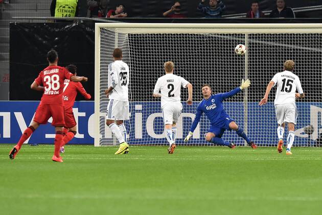 Fußball Champions League Playoff Bayer Leverkusen - FC Kopenhagen am 27.08.2014 in der BayArena in Leverkusen Tor zum 2:0 durch Hakan Calhanoglu ( Leverkusen )