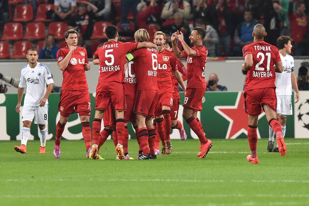 Fußball Champions League Playoff Bayer Leverkusen - FC Kopenhagen am 27.08.2014 in der BayArena in Leverkusen Torjubel Leverkusen zum 2:0 durch Hakan Calhanoglu ( Leverkusen )
