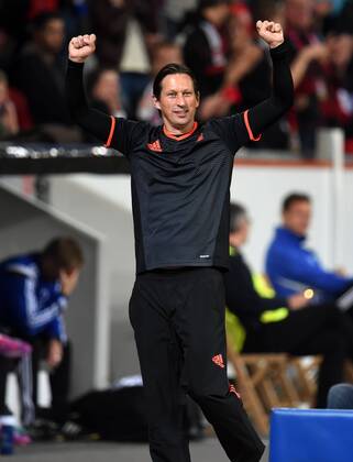 27.08.2014, Fussball, Saison 2014 15, UEFA Champions League Qualifikation, Bayer 04 Leverkusen - FC Kopenhagen 02 Jubel Trainer Roger Schmidt (Bayer 04 Leverkusen)