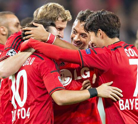Leverkusen, 27.08.2014, BayArena Torjubel: Hakan Calhanoglu (Bayer), Stefan Kiessling (Bayer), Karim Bellarabi (Bayer), Heung-Min Son (Bayer) Bayer Leverkusen - FC Kopenhagen mm